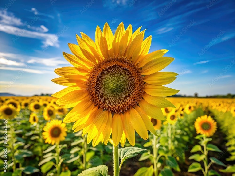 Sunny summer's day, a vibrant yellow sunflower field stretches to a brilliant blue sky. A captivating nature stock photo. Sunny summer's day, a vibrant yellow sunflower field stretches to a brilliant blue sky. A captivating nature stock photo.