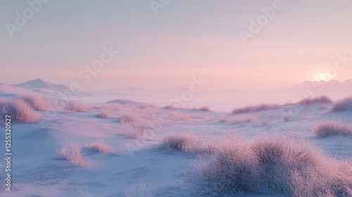 Snowy winter landscape with frosty bushes and a pastel pink and blue sunset sky, calm and dreamlike frozen scenery