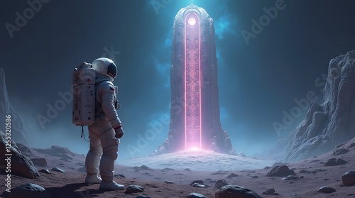 An astronaut discovering an ancient alien relic on a distant moon