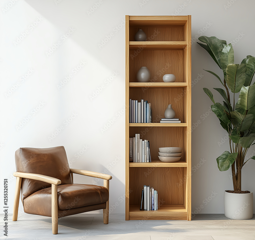 Fototapeta premium A stylish and minimalistic interior design of an empty living room with white walls, featuring a tall wooden bookcase on the right side. The bookshelf is made from natural wood like oak or ash,