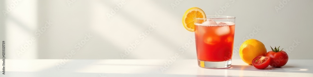 Glass of chilled tomato juice on pristine white, copy space available, website, advertising