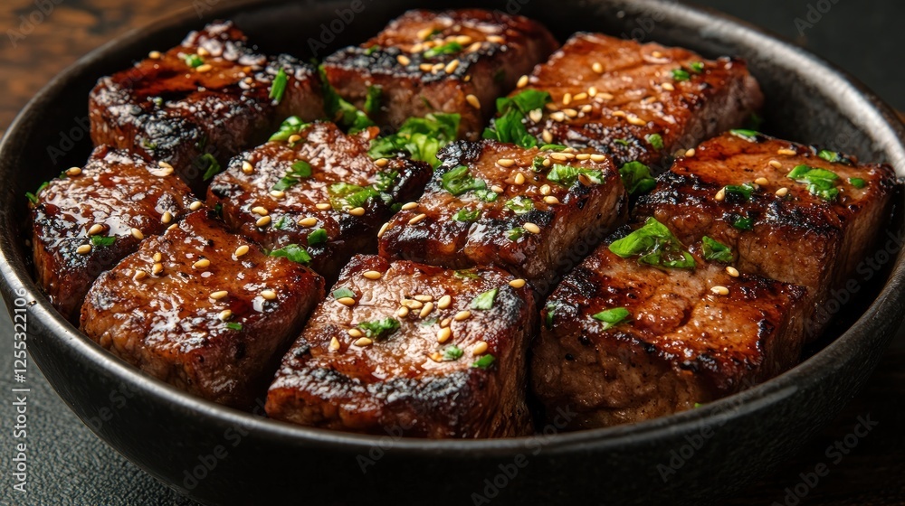 Grilled beef cubes, sesame, bowl, kitchen, recipe Grilled beef cubes, sesame, bowl, kitchen, recipe