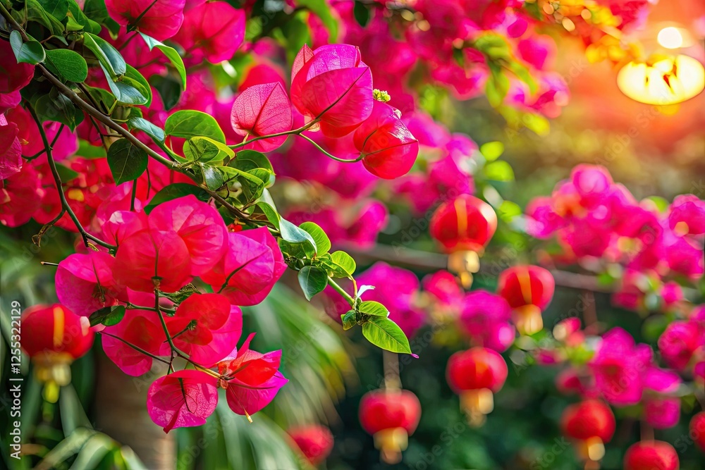 Vibrant red bougainvillea blossoms burst forth in spring, shallow depth of field highlighting the fiery lanterns. Vibrant red bougainvillea blossoms burst forth in spring, shallow depth of field highlighting the fiery lanterns.