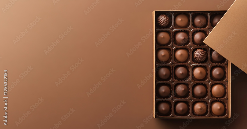 An aerial view of an open box filled with chocolates against a solid brown backdrop. The top-down perspective provides space for text or branding, making it ideal for product packaging or advertising. An aerial view of an open box filled with chocolates against a solid brown backdrop. The top-down perspective provides space for text or branding, making it ideal for product packaging or advertising.