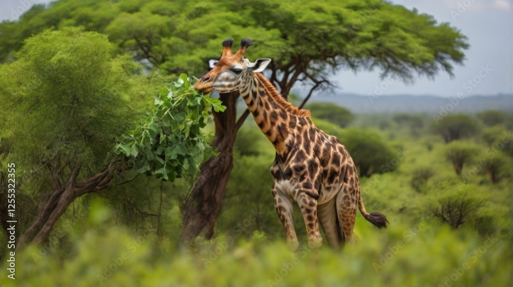 giraffe eating green leaves from a tree in Africa giraffe eating green leaves from a tree in Africa