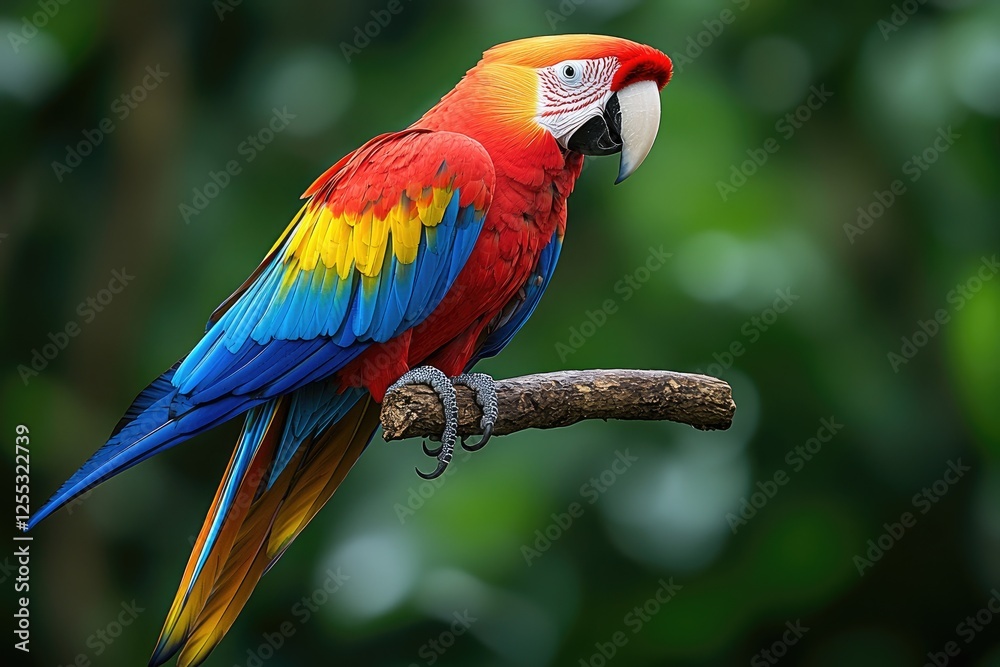 Scarlet Macaw Perched On A Branch In Lush Green Foliage Scarlet Macaw Perched On A Branch In Lush Green Foliage