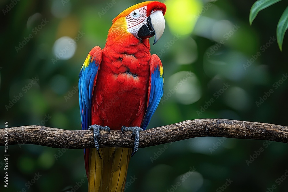 Obraz premium Scarlet Macaw Perched on a Branch in Lush Foliage