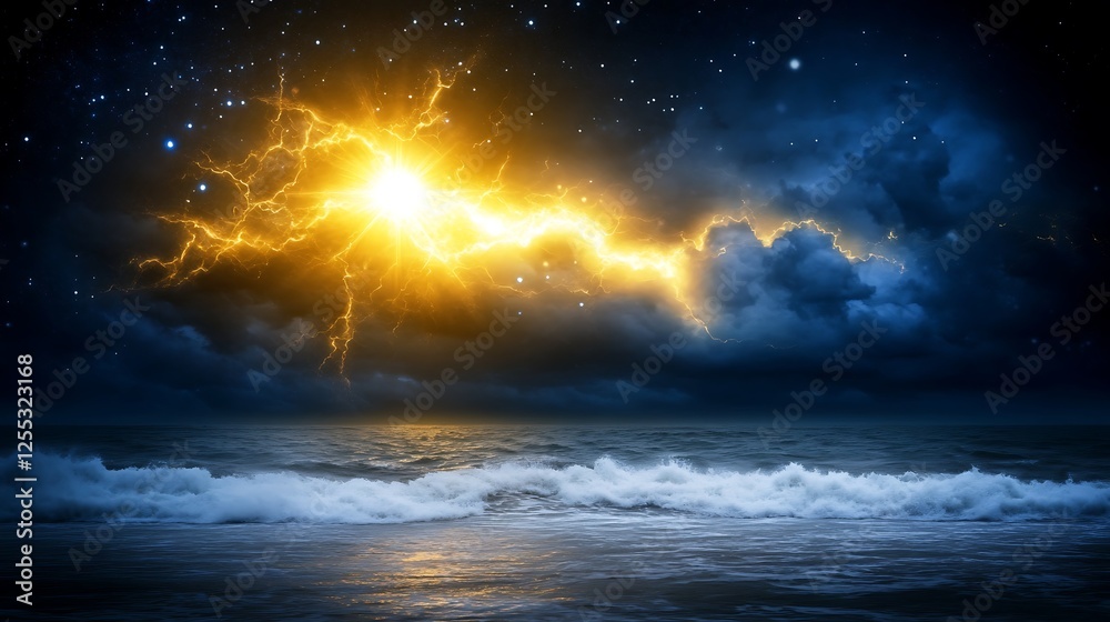 Fototapeta premium Dramatic Sea Lightning Spectacle Under Starry Night Sky Intense Golden Light Over Ocean Waves