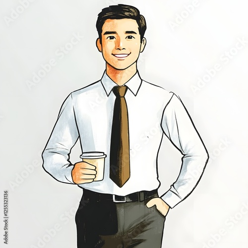 of a Confident and Optimistic Young Business Professional Holding a Cup of Coffee and Smiling in an Office or Corporate Setting