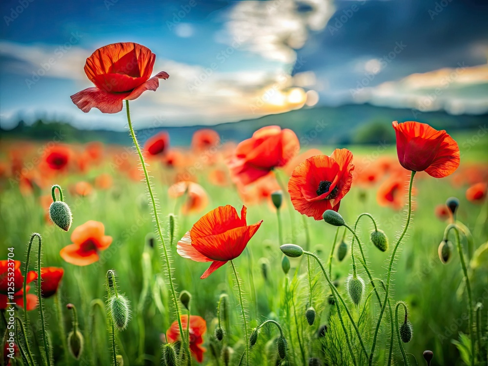 Obraz premium Windswept red poppies dance in a summer meadow, sharply focused in the sun.