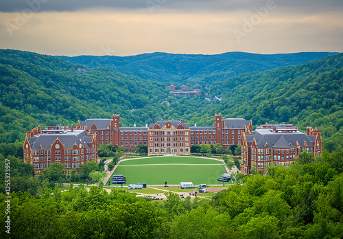 Aerial view of the campus at West Virginia University, with rolling green hills in the background. The scene includes buildings and vehicles on its large yard, surrounded by dense forest, creating 