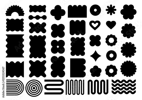 Abstract geometric shapes and icons in black colors. Groovy brutal modern figures. Stylish Swiss design aesthetic.
