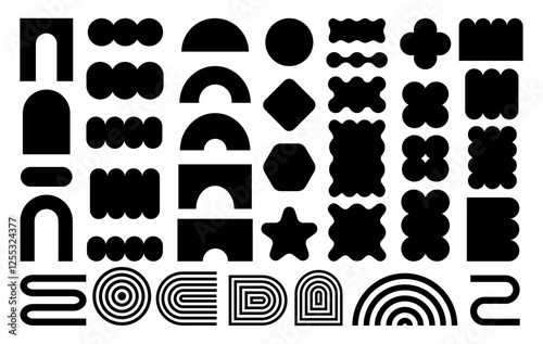 Abstract geometric shapes and icons in black colors. Groovy brutal modern figures. Stylish Swiss design aesthetic.
