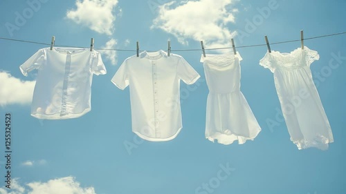 A collection of freshly washed white garments hangs on a clothesline, swaying gently in the breeze under a clear blue sky filled with fluffy clouds, capturing a serene and sunny day.