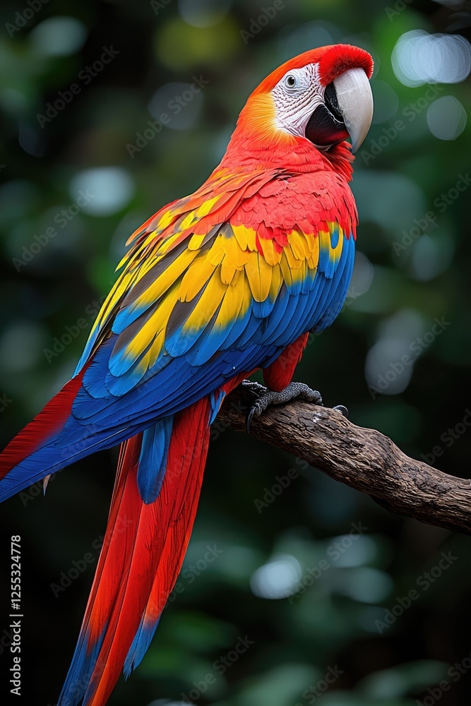 Scarlet Macaw Perched On A Branch In Lush Foliage Scarlet Macaw Perched On A Branch In Lush Foliage