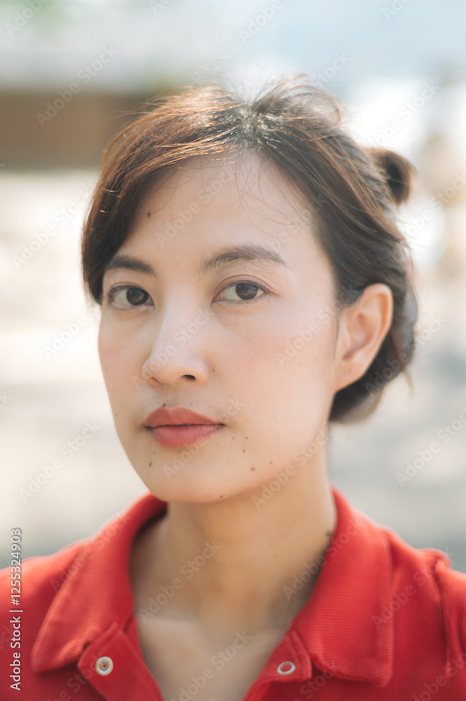 Asian thoughtful woman in red shirt gazes directly at camera, with soft natural light highlighting her features Asian thoughtful woman in red shirt gazes directly at camera, with soft natural light highlighting her features