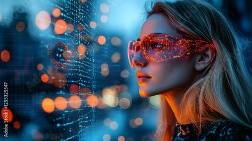 Futuristic woman wearing augmented reality glasses with a holographic digital interface in a sci-fi cyber environment photo