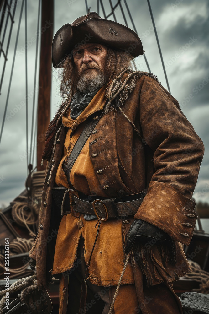 Obraz premium A rugged pirate stands confidently on the deck of a ship under a cloudy sky, showcasing his leather coat, hat, and intense gaze, symbolizing adventure and maritime mystery.