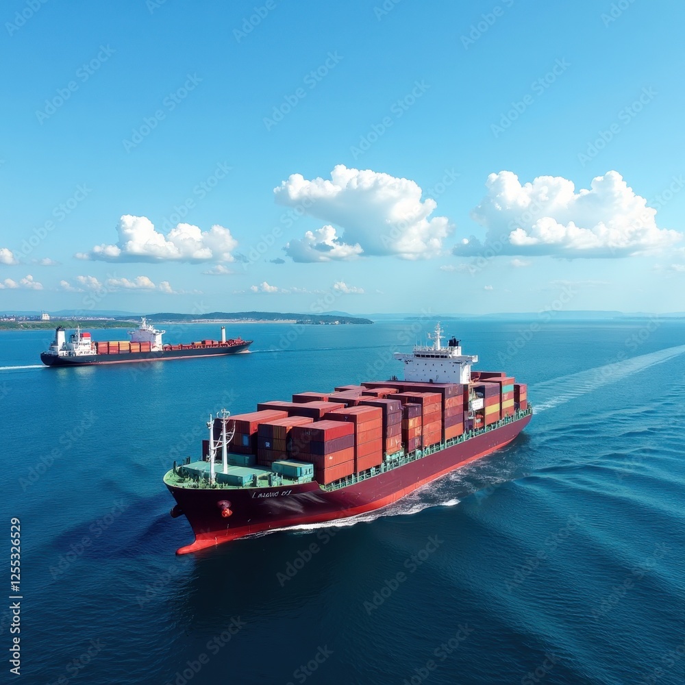 Obraz premium A majestic red cargo ship dominates the vast waters, its towering stacks of containers gleaming under the sun's warm embrace