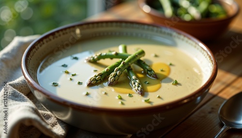 Creamy asparagus soup, elegant presentation, natural light, rustic kitchen, food photography,