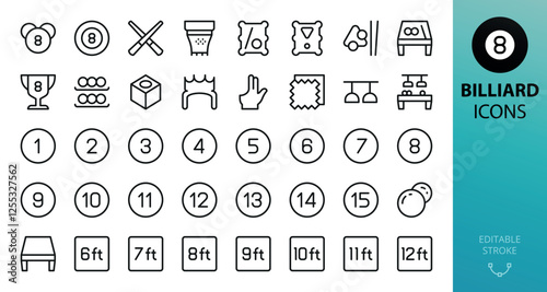 Billiard line icons set. Set of billiards table, balls, pool cue stick, 8 ball, glove, light, snooker bridge, cue chalk vector icon with editable stroke