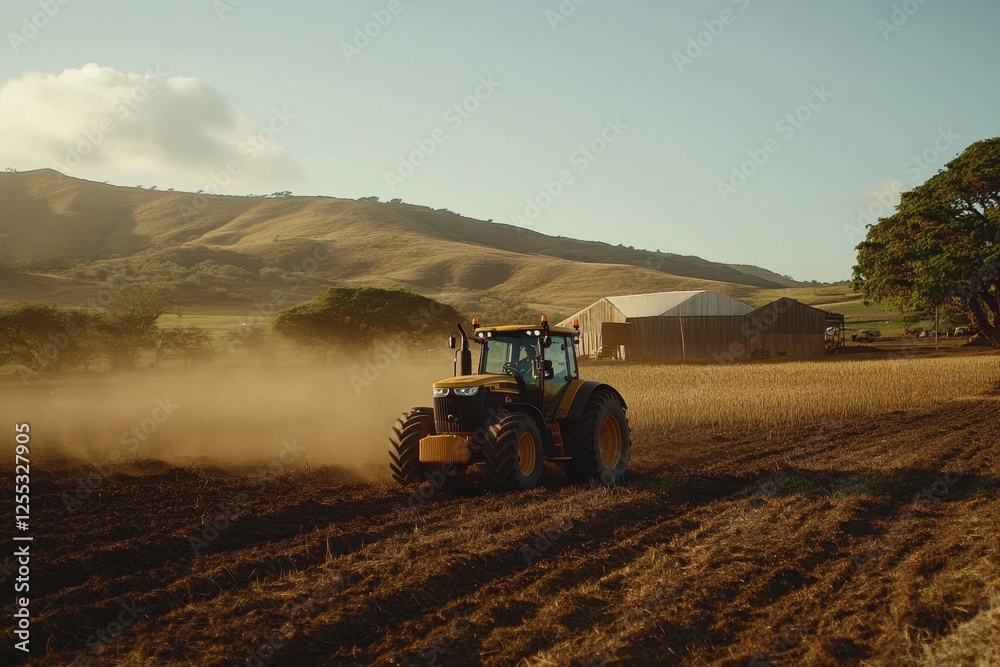 Fototapeta premium Agricultural Landscape with Tractor and Barn in Serene Countryside