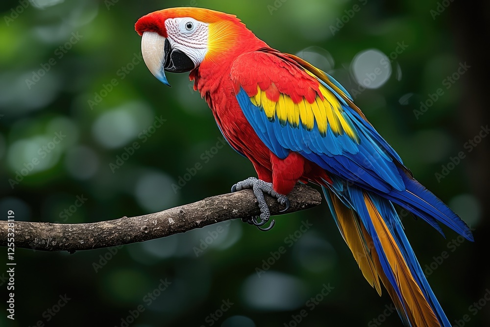 Scarlet Macaw Perched On A Branch In Lush Green Foliage Scarlet Macaw Perched On A Branch In Lush Green Foliage