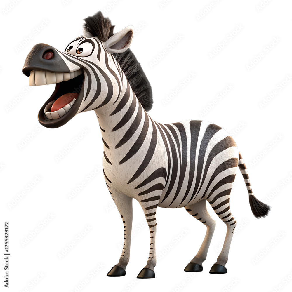 Fototapeta premium A smiling zebra with big eyes and black-and-white stripes, created in a funny cartoon style.