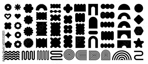 Abstract geometric shapes and icons in black colors. Groovy brutal modern figures. Stylish Swiss design aesthetic.