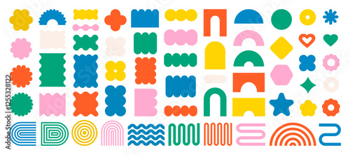 Abstract geometric shapes and icons. Colorful groovy brutal figures. Modern Swiss design aesthetic.