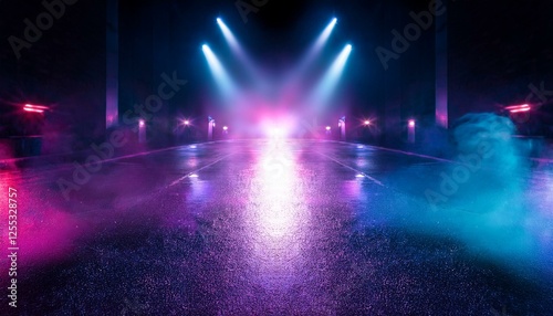 reflection of neon lights a searchlight smoke