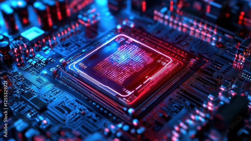 Obraz premium Quantum Processor Illuminated by Binary Holographic Standard