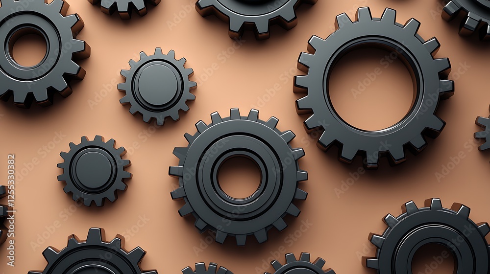 Assortment of dark gears arranged on a light brown surface Assortment of dark gears arranged on a light brown surface