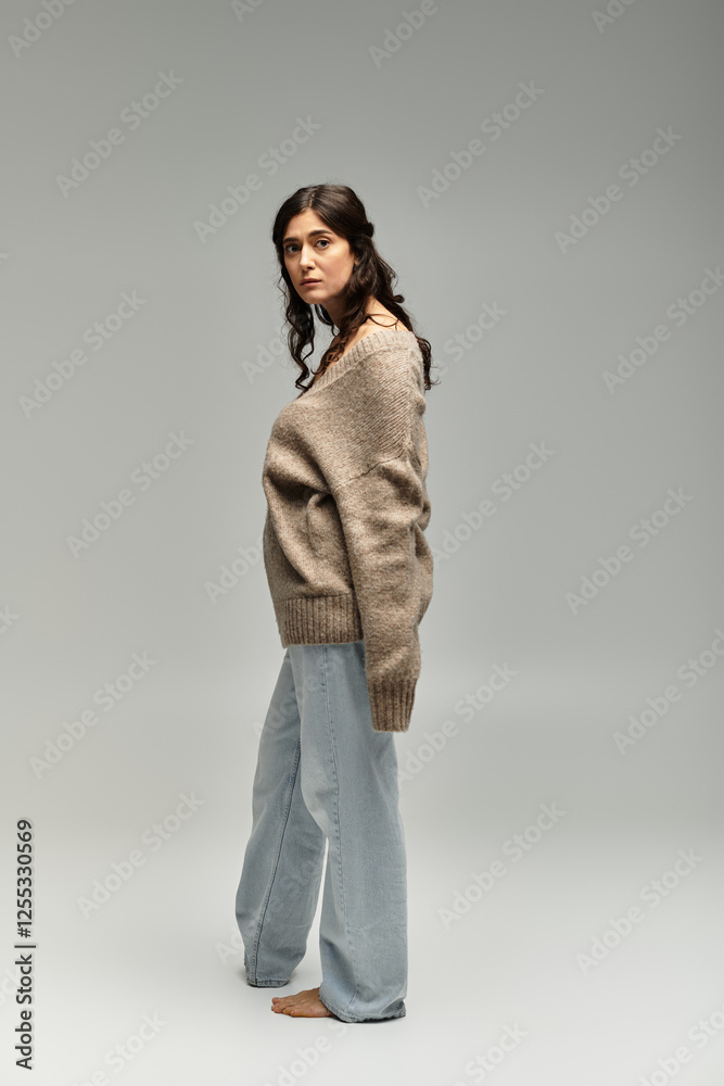 Capturing elegance in a cozy beige sweater against a serene grey backdrop