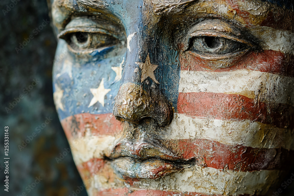 Close-up of a statue with the face painted in the American flag, representing national pride and patriotism, symbolizing American identity, unity, and the spirit of freedom. Close-up of a statue with the face painted in the American flag, representing national pride and patriotism, symbolizing American identity, unity, and the spirit of freedom.