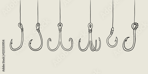 Fish Hook with Line Sketch Set. Fishing Lure Bait Collection. Linear Vector Illustration