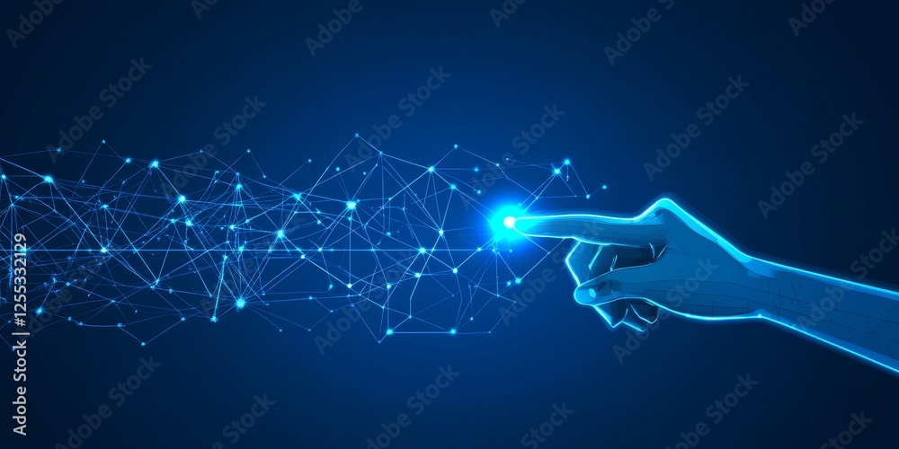 Hand Interacting With Luminescent Network of Connected Dots and Lines on a Deep Blue Backdrop Hand Interacting With Luminescent Network of Connected Dots and Lines on a Deep Blue Backdrop