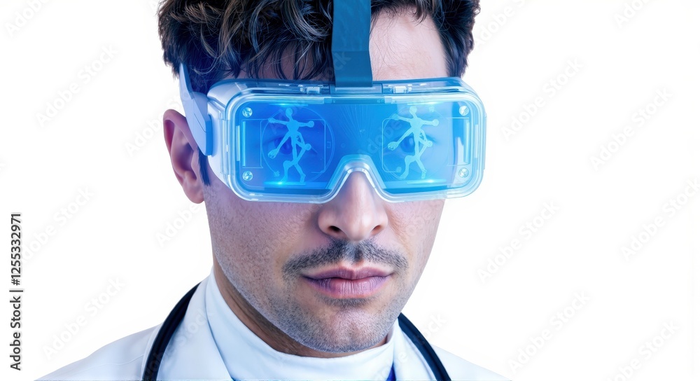 Close-up portrait of a doctor in augmented reality glasses: The Future of Medicine, on a white background Close-up portrait of a doctor in augmented reality glasses: The Future of Medicine, on a white background