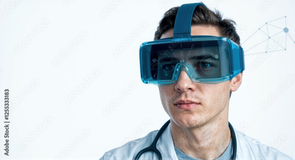 Male doctor wearing augmented reality goggles, abstract of future medicine, on white background Male doctor wearing augmented reality goggles, abstract of future medicine, on white background