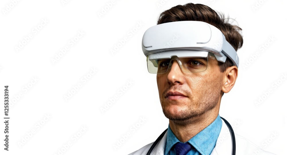 Fototapeta premium Male doctor wearing augmented reality goggles, abstract of future medicine, on white background
