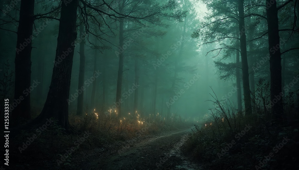 Ethereal glow along a misty woodland path on a foggy and mysterious night Ethereal glow along a misty woodland path on a foggy and mysterious night