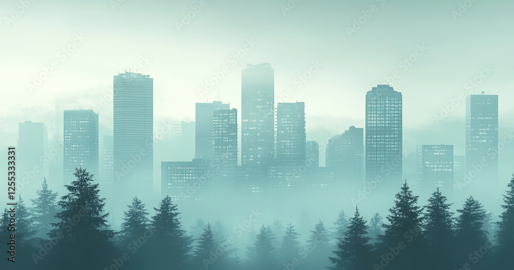 Fototapeta premium A city skyline fades into haze, illustrating air pollution effects. Tall buildings rise above a muted landscape, while trees in the foreground symbolize resilience and environmental awareness.