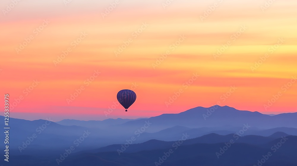 Hot Air Balloon Ascending Above Mountains at Dawn Serene Atmospheric Landscape Scenery View Hot Air Balloon Ascending Above Mountains at Dawn Serene Atmospheric Landscape Scenery View