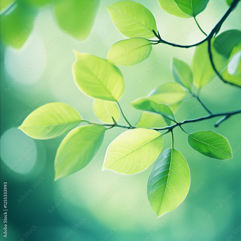 Green leaves on tree branches with soft sunlight, fresh natural foliage in a light and airy atmosphere Green leaves on tree branches with soft sunlight, fresh natural foliage in a light and airy atmosphere