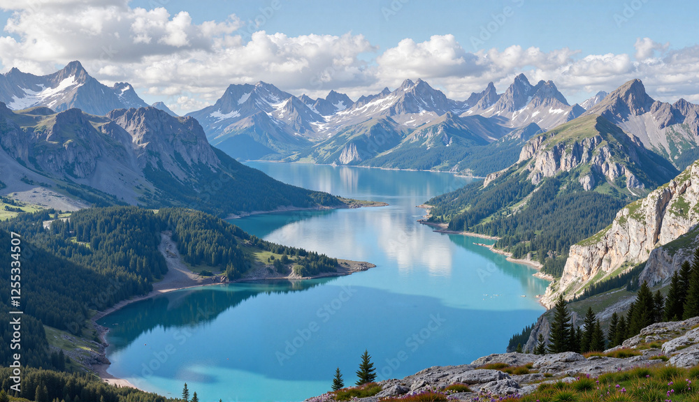 Fototapeta premium Aerial view of a turquoise alpine lake surrounded by mountains.