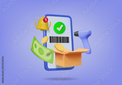 Vector 3D rendering. Payment concept and barcode scanning on smartphone. With notification icons, parcel boxes, cash, and scanners. Suitable for e-commerce and logistics online shopping delivery