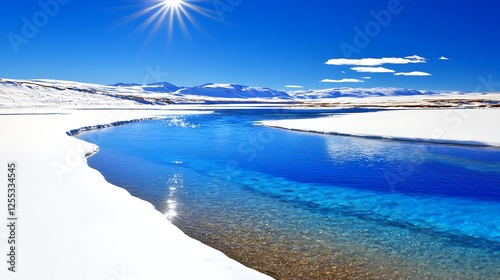 Blue Glacial River Flowing Amidst Snow Capped Mountains under Bright Sun and Azure Sky Landscape photo