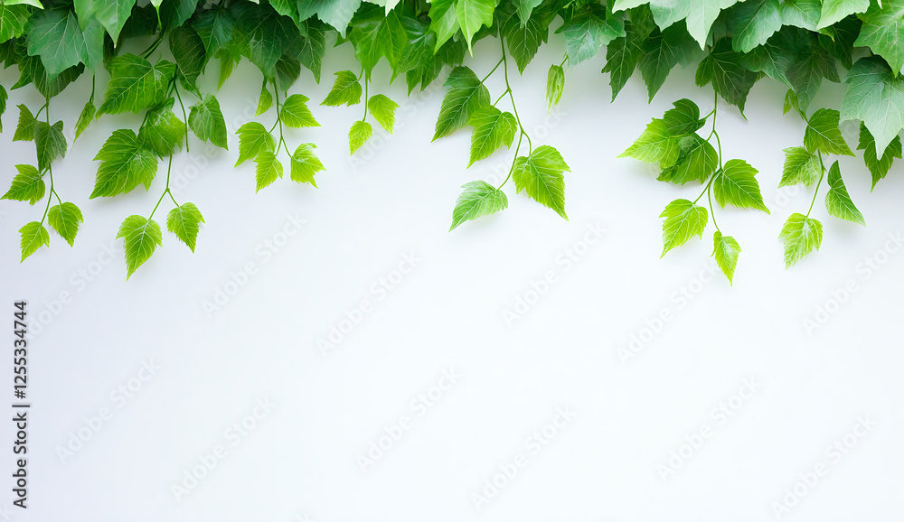 Green leaves hanging on a border, isolated on a white background with a clipping path, high-resolution photography. Green leaves hanging on a border, isolated on a white background with a clipping path, high-resolution photography.