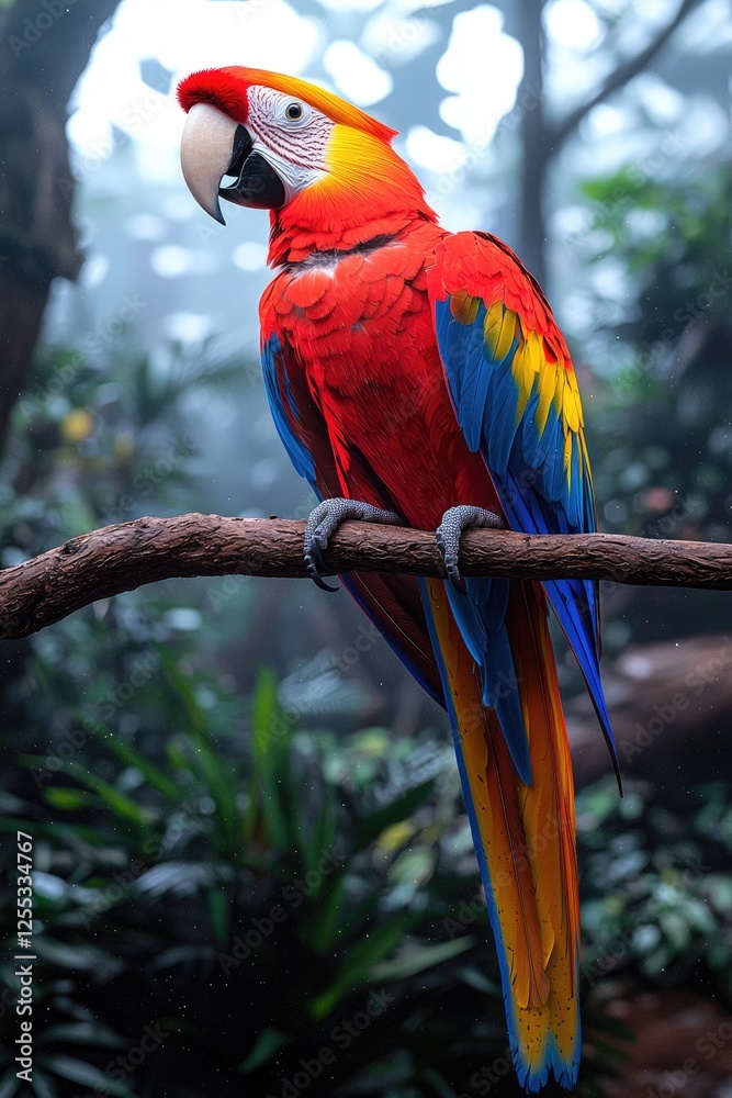 Obraz premium Scarlet Macaw Perched on a Branch in Lush Green Foliage