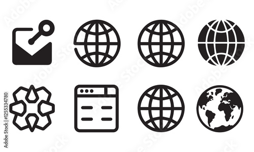 Set of world icon vectors featuring a simple, modern globe design vector illustration, perfect for global concepts, international connections, and navigation symbols in digital and print media.